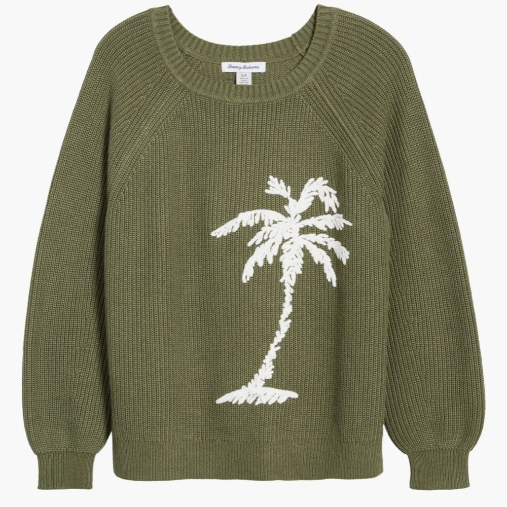 Tommy Bahama Olive Green Sweater with White Palm Tree